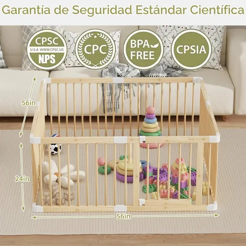 Vista 5 de Corralito grande de madera para bebés, puerta ajustable para niños pequeños y bebés, valla resistente, patio de juegos para bebés con puerta, área