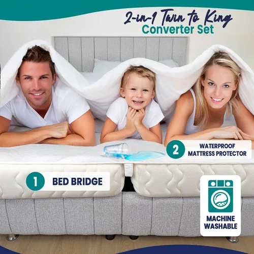 Vista 2 de Convertidor de puente de cama 2 en 1 de tamaño individual a King con protector de colchón impermeable y correas elásticas, relleno de espacio King