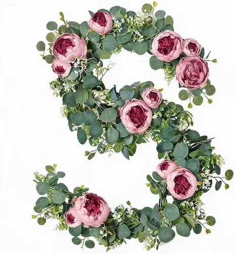 Vista 12 de Guirnalda de flores artificiales de seda de 6 pies con hojas de eucalipto, guirnaldas florales de imitación para boda, arco, puerta, colgar