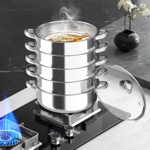 Vista 9 de Olla vaporera de acero inoxidable de 5 niveles de 11 pulgadas, olla apilable multiusos con tapa de vidrio a prueba de explosiones, asas duraderas