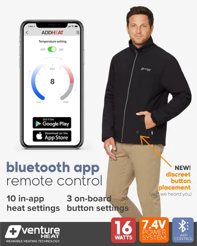 Vista 2 de Men's Bluetooth Heated Jacket with Battery Pack Included - App Control Soft Shell Coat with Hand Warmers 7.4V