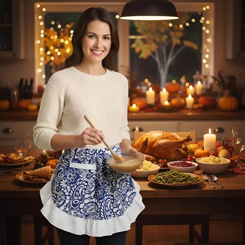 Vista 2 de CRB Fashion Delantal de cocina para hornear con bolsillo en la cintura para mujer, se adapta a tallas XS a L (azul blanco)