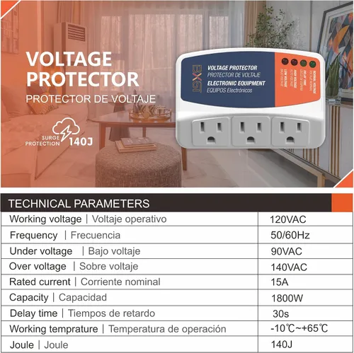 Vista 2 de BXST Protector contra sobretensiones para refrigerador, regleta de alimentación de 3 salidas para electrodomésticos 30S, protector de voltaje