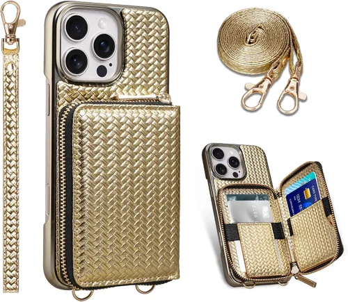 Vista 12 de Funda para iPhone 12 Pro/iPhone 12 de 6.1 pulgadas, cartera cruzada con cremallera para mujer, tarjetero con bloqueo RFID, funda de cuero con Negro