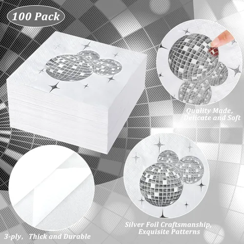 Vista 4 de Patelai Servilletas de bola de discoteca para decoración de fiesta, servilletas de cóctel desechables con lámina plateada, suministros de fiesta