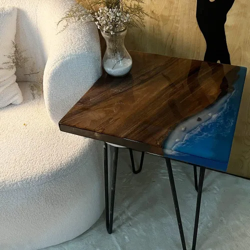 Vista 7 de Mesa de epoxi transparente, mesa de sofá con forma cuadrada, mesa auxiliar de resina de madera, mesa de centro de madera con borde natural para sala