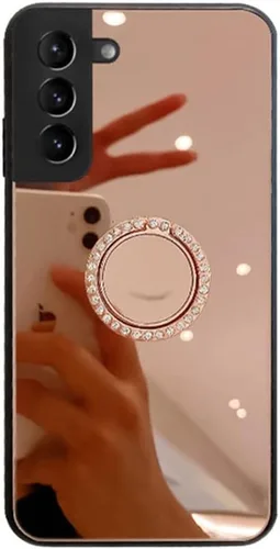 Vista 8 de Funda de espejo compatible con Samsung Galaxy A12 5G, carcasa rígida de policarbonato TPU con soporte de anillo de diamante, agarre de dedo, soporte