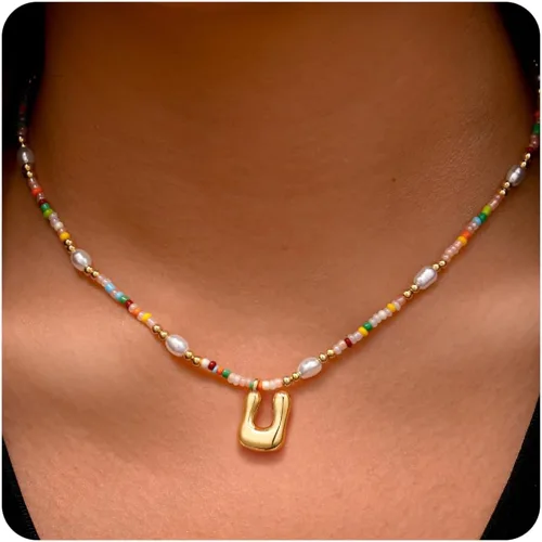 Vista 22 de Ritach - Regalos de Navidad para nietas, adolescentes y niñas, collar con inicial de perlas de colores claros, collar con dije de burbuja dorada