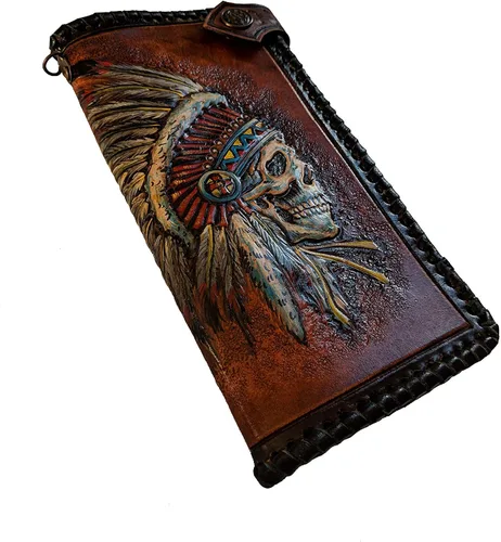 Vista 5 de Indian Chief - Cartera de piel con calavera para hombre, diseño tribal patriótico de nativos americanos con tocado de plumas Apache, billetera larga
