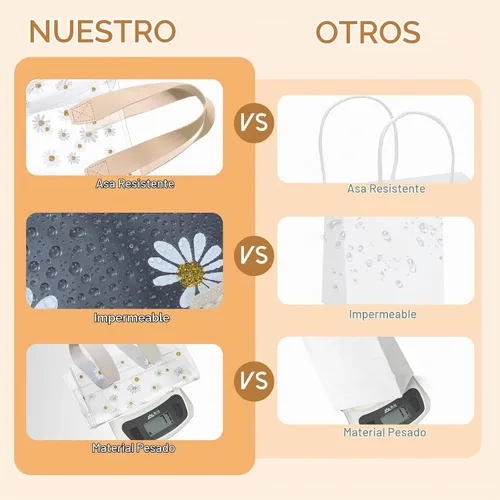 Vista 4 de Clysee - 24 bolsas de regalo transparentes con patrón de margaritas, bolsa de PVC transparente, color beige Reutilizable con asas para recuerdos