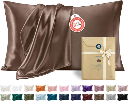 Vista 18 de Bedsure Paquete de 2 fundas de almohada de satén similares a las fundas de almohada de seda tamaño estándar, funda de almohada para mujeres que