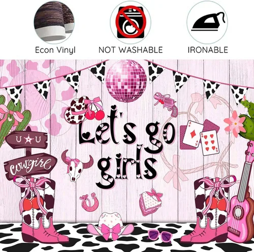 Vista 8 de Fondo de vaquera rosa de 5 x 3 pies con estampado de vaca disco occidental para niñas, cumpleaños, despedida de soltera, adolescente, decoración