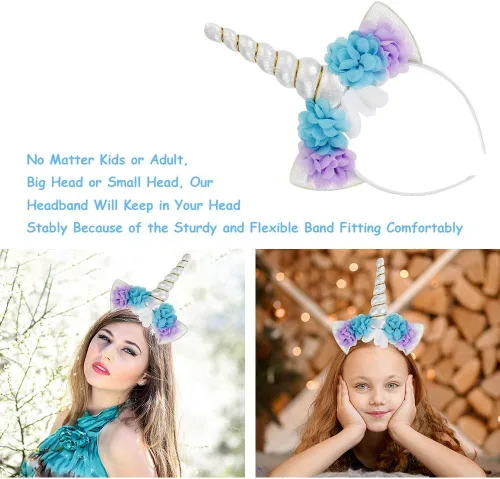 Vista 3 de AHCSMRE Diadema de unicornio, diadema de unicornio, tocado de cuerno con purpurina para niñas y niños, cumpleaños, Halloween, Navidad, fiesta
