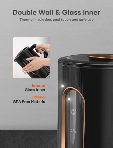 Vista 4 de OFFACY Hervidor eléctrico, interior de vidrio de doble pared, olla calentadora de agua caliente, 1.5 litros, 1200 vatios para hervir rápidamente, 53