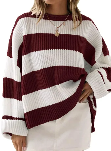 Vista 84 de ZESICA Suéter tejido sin botones de manga larga y cuello redondo, a rayas, bloques de color, cómodo, holgado, talla extragrande para mujer de 2024