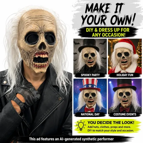 Vista 3 de Máscara aterradora de Halloween para adultos, esqueleto de calavera y cara