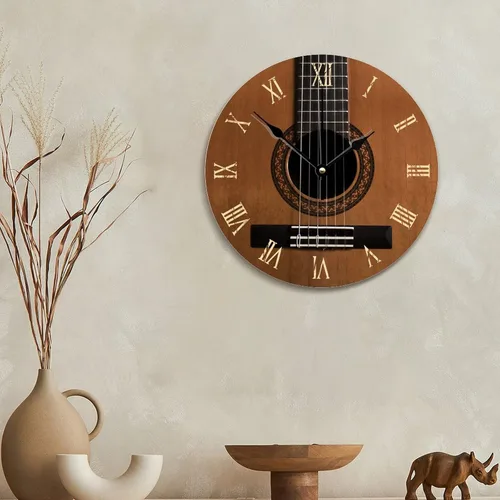 Vista 2 de Reloj de pared con aspecto de madera natural, reloj de pared de guitarra acústica, silencioso, redondo, de madera, funciona con pilas, reloj