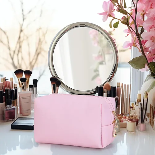 Vista 7 de HAOGUAGUA Bolsa de maquillaje para mujer, organizador impermeable de viaje, organizador de cosméticos para mujeres, tamaño mediano (rosa)