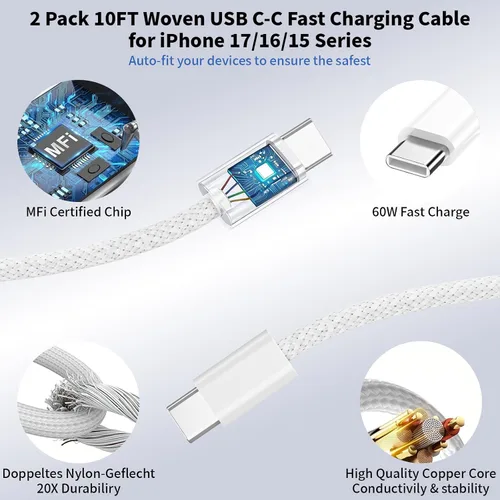 Vista 3 de Paquete de 2 cargadores rápidos para iPhone 17/16/15, adaptador dinámico Apple USB C de 40W con cable tejido de carga rápida tipo C-C de 60W máximo