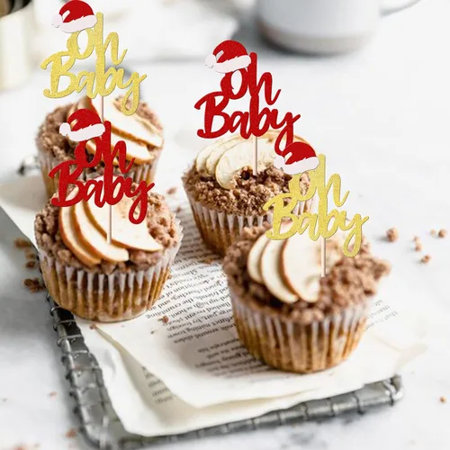 Vista 4 de Rsstarxi Paquete de 24 Adornos para Cupcakes Oh Baby de Navidad con Purpurina, Sombreros de Navidad, Palillos para Cupcakes de Baby Shower para Baby