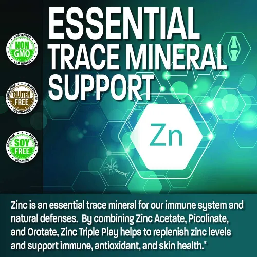 Vista 4 de Bronson Zinc Triple Play 30 mg Triple Cobertura Apoyo Inmune con Acetato de Zinc, Picolinato y Orotato - Apoyo inmunológico, antioxidante