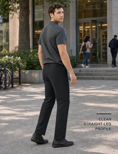 Vista 9 de Plaid&Plain Pantalones de vestir para hombre, cintura elástica, corte recto Negro
