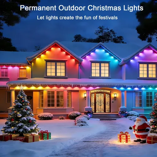 Vista 2 de iYogaled Luces exteriores permanentes para casa, 50 pies de luces de borde exterior inteligentes RGB con 63 modos de escena, luces LED impermeables