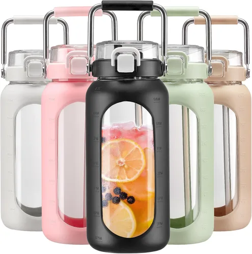 Vista 27 de BLUEGO Botella de agua de vidrio de 64 onzas con mango de acero inoxidable, botella de agua grande con marcadores de tiempo y funda de silicona Ámbar