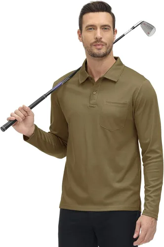Vista 19 de Rdruko Polo para hombre con bolsillo de manga larga de secado rápido para golf al aire libre con cuello