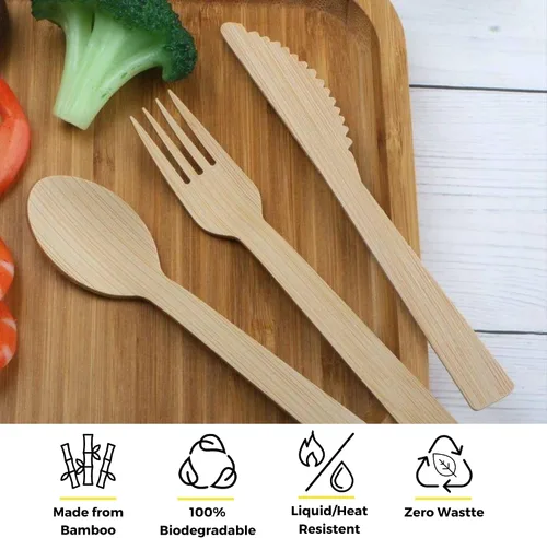 Vista 7 de Juego de cubiertos desechables de bambú envueltos 100 paquetes 1 cuchillo, 1 tenedor, 1 cuchara y 1 servilleta Kraft Utensilios biodegradables