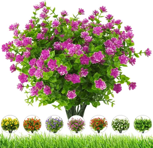 Vista 12 de Flores artificiales para exteriores, 8 paquetes de flores falsas resistentes a los rayos UV, flores sintéticas de plástico para exteriores, plantas