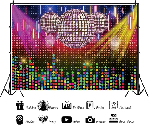Vista 3 de AOFOTO Telones de fondo de bolas de discotecas de 5 x 3 pies para fotografía con luces brillantes de colores, manchas de neón para sesión de fotos