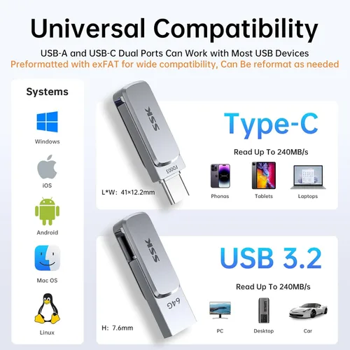Vista 7 de SSK Unidad flash USB dual de 64 GB, USB C Thumb Drive, hasta 240 MB/s Tipo-C y USB-A 3.2 FlashDrive Memory Stick, Zinc Pendrive para iPhone