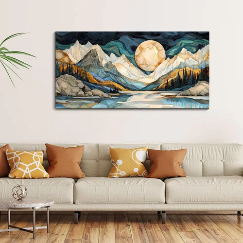 Vista 2 de JEAWA Arte de Pared en Lienzo Grande - Pintura Abstracta de 24x48 Pulgadas en Tela, Imágenes Texturizadas de Montañas como Regalos para Amigos
