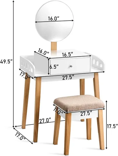 Vista 5 de MAT EXPERT Juego de tocador con espejo de altura ajustable, tocador de madera maciza blanca con taburete acolchado, tocador de maquillaje con cajón