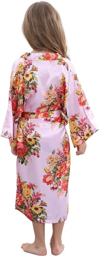 Vista 2 de TIMSOPHIA Kimono floral de satén para niños, bata de baño para boda, spa, fiesta, regalos de novia, ropa de dormir, bata de baño