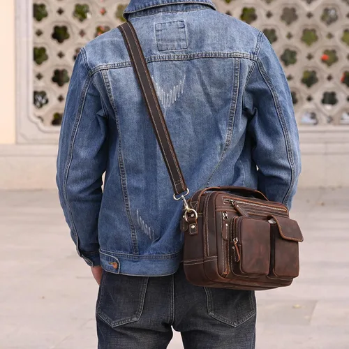 Vista 8 de Bolso bandolera de cuero para hombre, 11 pulgadas, bolso para computadora portátil, estilo vintage, de grano completo, para trabajo, viajes