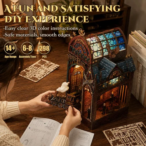Vista 5 de Rompecabezas de madera 3D, kit de rincón de libro, estación de tren mágico with LED Lights & Music, Miniature Wood Puzzle Kits Bookshelf Decor