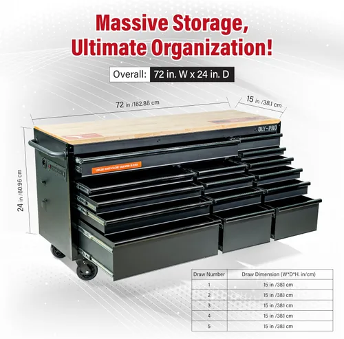 Vista 5 de Olympia Tools Caja de herramientas móvil resistente de 72 pulgadas, con banco de trabajo superior de madera maciza, baúl de herramientas con ruedas