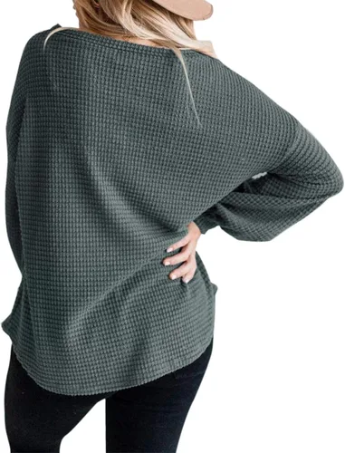 Vista 5 de Merokeety Suéter para mujer con mangas largas globo, tejido de punto gofre, holgado, cuello redondo, sin botones