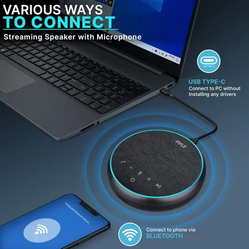 Vista 8 de Pyle Altavoz portátil para conferencias, teléfono inalámbrico multifuncional con altavoz BT con USB C y cable auxiliar, cobertura de micrófono