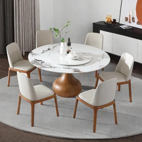 Vista 10 de Juego de mesa de comedor redonda de 9 piezas, moderna mesa de cocina de piedra sinterizada de 59 pulgadas con plato giratorio redondo de 31.5