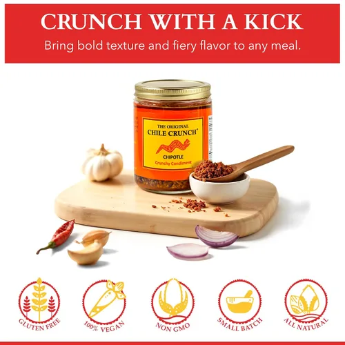 Vista 5 de CHILE CRUNCH - Condimento Crujiente Picante de Chipotle - Chiles Asados Totalmente Naturales, Salsa Crujiente de Ajo y Cebolla - Vegano, Sin Gluten