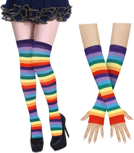 Vista 17 de Benefeet Sox Conjunto de calcetines altos hasta el muslo a rayas arcoíris para mujer, calentadores de brazos, guantes sin dedos, disfraz
