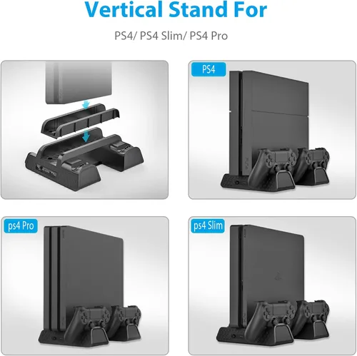 Vista 5 de URWOOW Vertical Stand for PS4PS4 SlimPS4 Pro - Cooling Fan with PS4 Charger Controller Charging Station with Game Storage Black