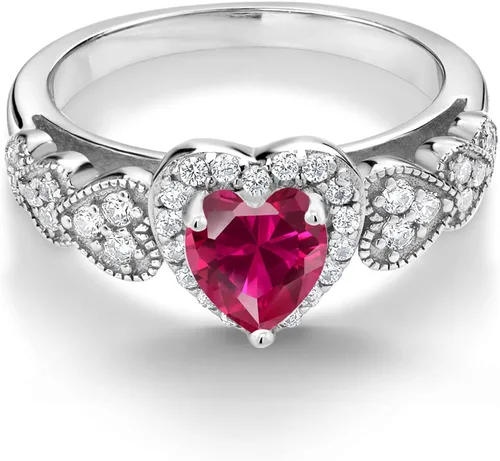 Vista 3 de Gem Stone King Anillo de compromiso de plata de ley 925 con rubí rojo creado para mujer