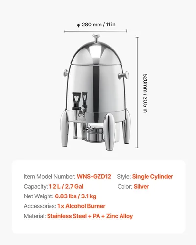 Vista 7 de VEVOR Dispensador de bebidas de acero inoxidable, dispensador de bebidas de 2.7 galones con quemador de alcohol, dispensadores de bebidas calientes