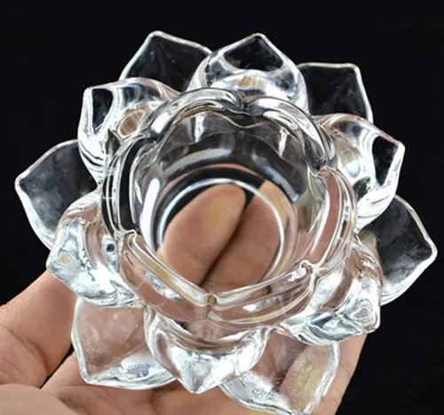 Vista 3 de Portavelas de cristal transparente con flor de loto – Portavelas de loto transparente, portavelas budistas, portavelas votivas de cristal