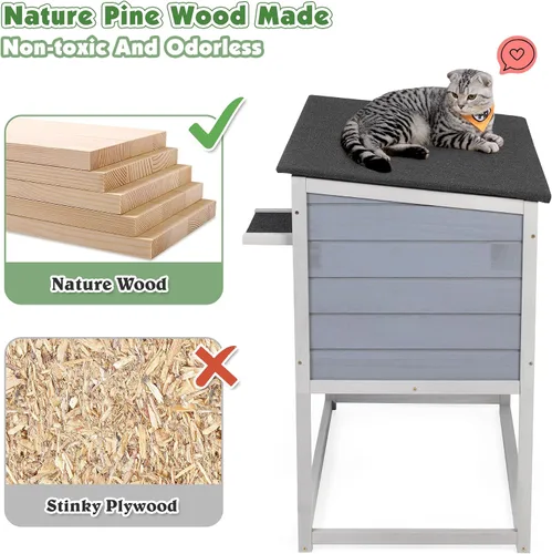 Vista 4 de Casa de madera elevada para gatos al aire libre, recinto resistente a la intemperie para gatos con techo que se abre, puerta cortada y puerta