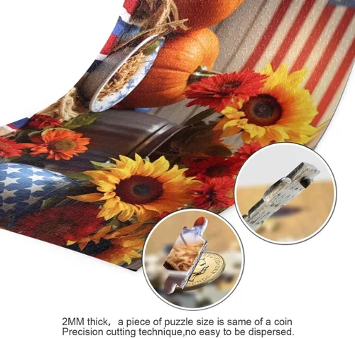 Vista 3 de Sunflower Fall American Flag Jigsaw Puzzles 500 Pieces for Adults with Mesh Storage Bag 2011564